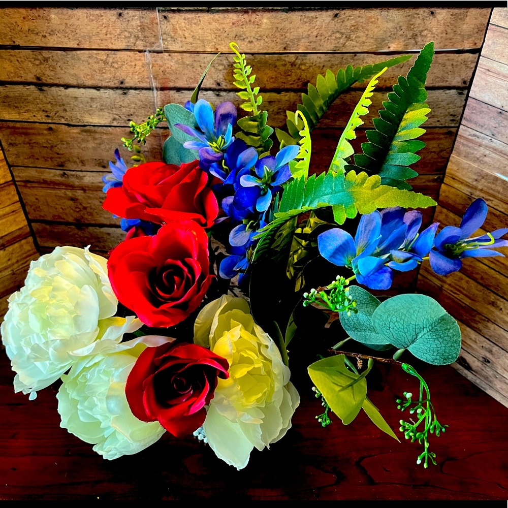 NEW!! Red, White, and Blue Flower Arrangement in a Pearly Galvanized Flower Pot